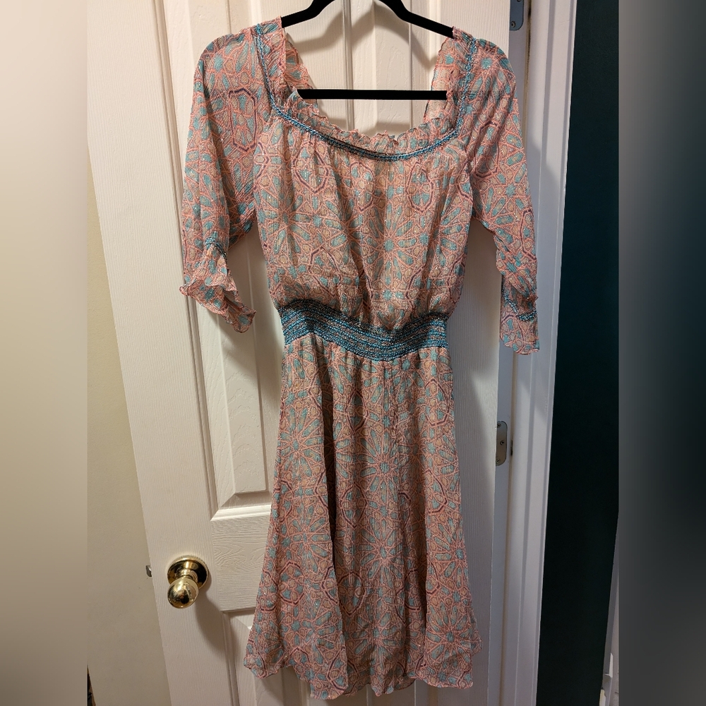 Badgley Mischka Sheer Flowy Off Shoulder Pink Blue Geometric Pattern Silk Dress